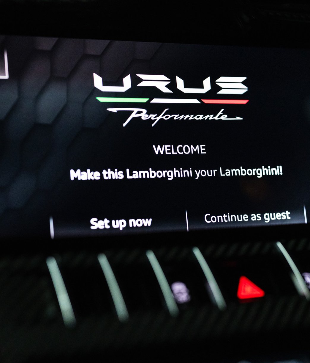 the start-up screen on the computer of a lamborghini urus